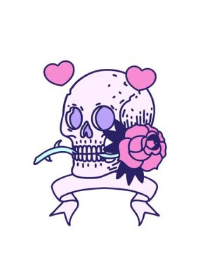 Kafatası ve gülün bayrağıyla geleneksel dövmenin dönen kalpleri.