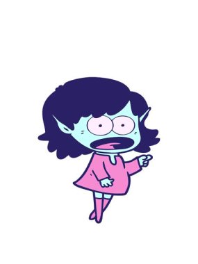 Çizgi filmin hareketli animasyonu şok edici elf kızı işaret ediyor.