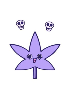 Marihuana yaprağının sevimli bir çizgi filminin kafatası animasyonu.