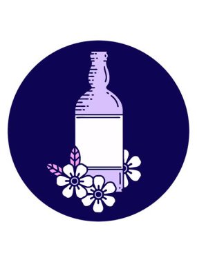 Bir rom şişesi ve çiçeğin dövme stili görüntüsü neon ışık efekti