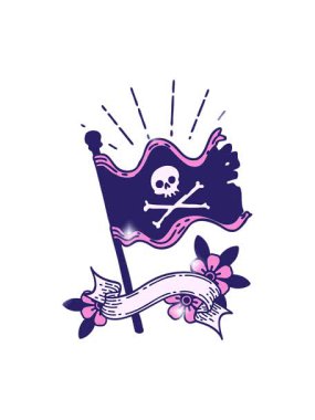 Dövme stili korsan bayrağı sallayan parşömen afişinin ışıltılı etkisi