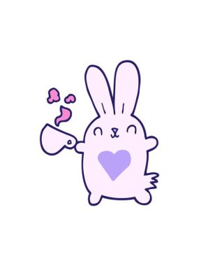 Sevgi dolu kalbi ve kahve fincanı olan sevimli çizgi film tavşanının ışık efekti.