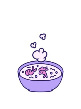 Buharda pişen bir Japon karidesinin animasyonunu genişletiyor.