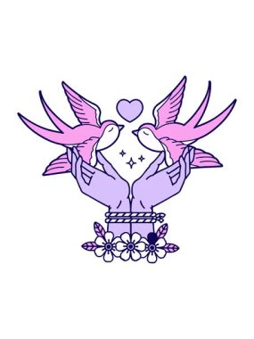 Bağlı ellerin ve kırlangıçların neon ışık efektleri