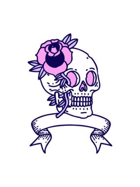 Kafatası ve gül pankartıyla geleneksel bir dövmenin neon ışığı animasyonu