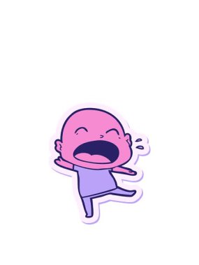 Kel adam diye bağıran bir karikatür çıkartması yapıştırıyor.