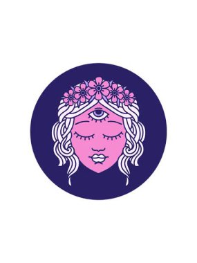 Radyoaktif ışıldayan animasyon ikonik dövme stili üçüncü gözü ve çiçek tacıyla kadın yüzü.