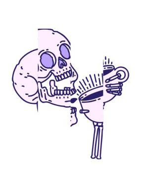 splitting motion animation of tattoo in traditional style of a skull drinking coffee
