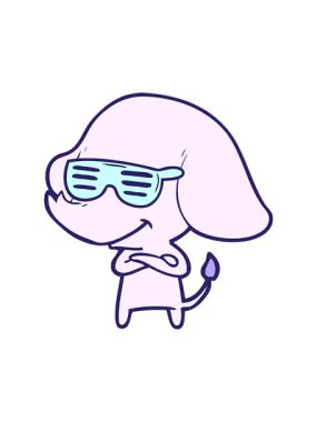 Çizgi filmin dönen hareketli animasyonu çapraz kollu havalı gülümseyen fil.