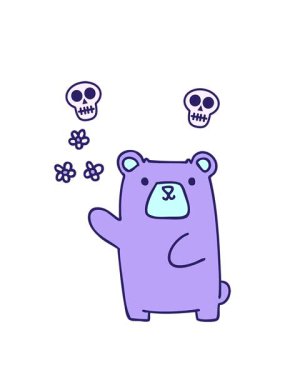 el animasyonu dönen kafatasları çizilmiş garip çizgi film ayısı ve çiçekler