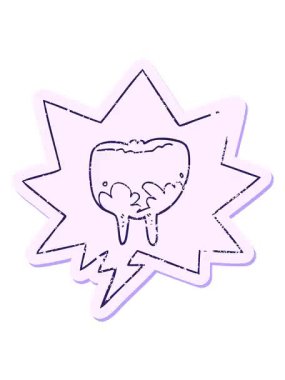 Karikatür dişinin titreyen hareketi, konuşma baloncuğu, sıkıntılı eski çıkartma.