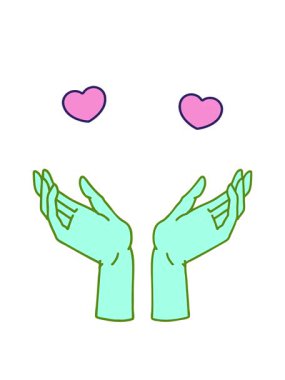 Açık ellerin parlak renkli simgesel dövme görüntüsünün dönen kalp animasyonu