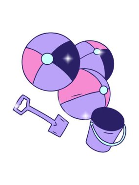 Karikatür çizilen el animasyonunun simli etkisi kova ve kürek ile karalama plaj topları