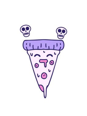 Erimiş peynirli bir pizza diliminin çizgi filminin kafatası animasyonu.