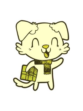 Gülen çizgi film köpeğinin renkli animasyonunu Noel hediyesiyle değiştiriyorum.