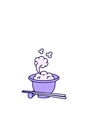 Japon pilavının çizgi filminin hareketli animasyonu geleneksel yemek çubuklarıyla geleneksel kasede.