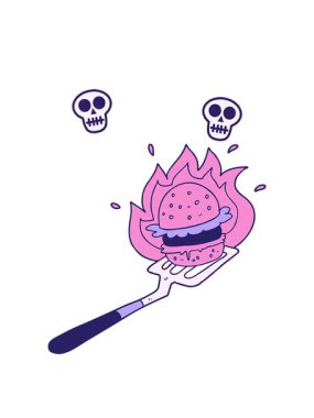 Spatula üzerinde yanan hamburger çizgi filminin kafatası animasyonu.