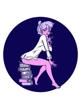 Neon ışık efekti animasyonu. İkonik dövme stili. Kitapların üzerinde oturan bir kızın resmi.