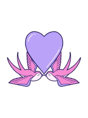 Basınç ikonik dövme stili kırlangıçların ve bir kalbin canlandırması