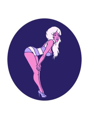 Titreyen hareketli, ikonik dövmeli, yüzme kostümlü bir kızın görüntüsü.