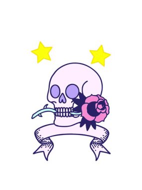 dönen yıldızların canlandırması geleneksel dövmelerle kafatası ve gül sancağıyla