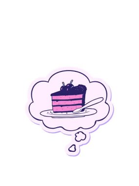 Düşünce baloncuklu çikolatalı pastanın basılı çıkartması gibi zıplama hareketli animasyonu