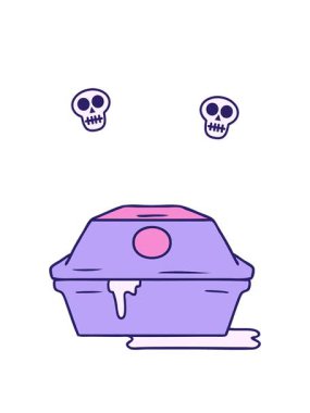 Kafatasını döndüren, el animasyonu çizilmiş bir hamburger konteynırının karikatürü.