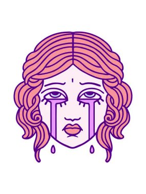 Dövmenin animasyonunu geleneksel kadın yüzü tarzında salla ve durdur. Parlak renkte ağla.