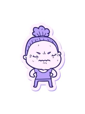 Çizgi film yapıştırmasının efekt efektlerini çizmek. Sinirli yaşlı kadın.