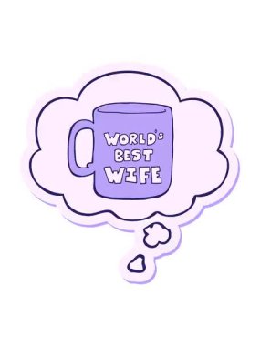 Titreyen hareket animasyonu. En iyi eş kupası. Üzerinde yazı etiketi olan bir düşünce balonu.