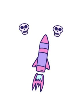 dönen kafatası animasyonu el çizimi bir uzay roketi karalaması