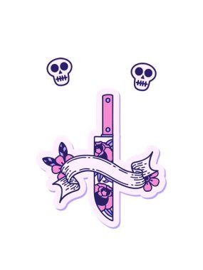 Bir hançer ve çiçek pankartıyla dövmeci stili çıkartması.