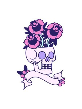 Parlak ışık efekti geleneksel dövmenin bir kafatası ve güllerle canlandırması