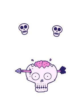 Kafatasının etrafında dönen kafatası çizgi film animasyonu ve beyne saplanmış ok.