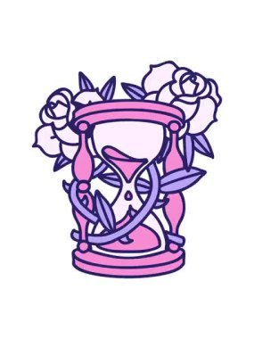 Saat camının ve çiçeklerin dövme stili görüntüsünün canlandırma efektini göster