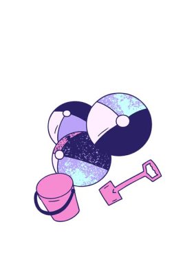 Bir kova ve kürek ile çizilmiş karikatür karalama plaj toplarının animasyonunu uzatıyorum.