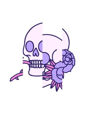 Bir kafatası ve gülün ikonik dövme karikatür şeklindeki bölünmüş hareket animasyonu