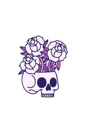 Bir kafatası ve gülün dövme stili görüntüsünü genişletiyor