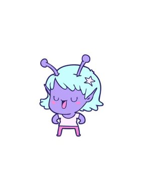 Mutlu uzaylı kız çizgi film tasarımının gösterişli satış animasyonu