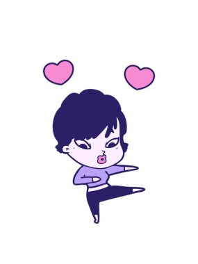 Kadın karakterin çizgi film canlandırmasının dönen kalp animasyonu