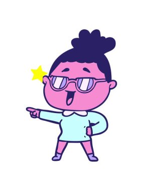 Parıldayan yıldızlar çizgi filmdeki gözlük takan mutlu kadının animasyonunu etkiler.