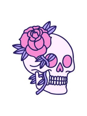 Bir kafatası ve gülün ikonik dövme çiziminin titreşimli hareketi