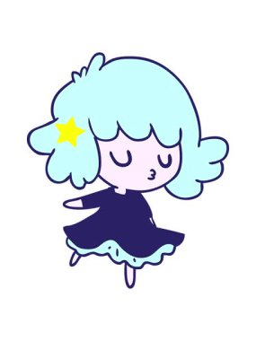 Parıldayan yıldızlar, el yazısıyla çizilmiş tatlı bir kawai kızının çizgi filmini etkiler.