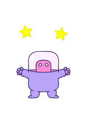 Dönen yıldızlar, el çizimi, takım elbiseli bir uzaylının karalaması.