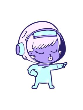 Çizgi filmdeki parıltı efekti. Güzel astronot kız işaret ediyor.