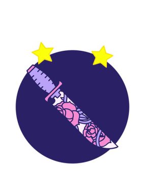 dönen yıldızların canlandırması ikonik dövme şekli. Çiçekli bir hançerin resmi.