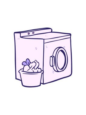 Çizgi film çamaşır makinesi ve çamaşır makinesinin parlak ışık efektleri