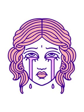 Dövmenin neon ışık efektli animasyonu geleneksel kadın yüzü tarzında parlak bir renkle ağlıyor.