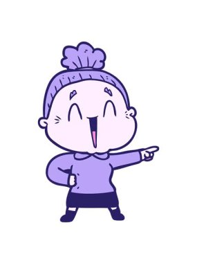 Çizgi filmdeki mutlu yaşlı kadının hareketli animasyonu.