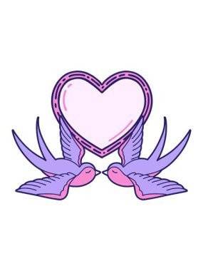 Parlak ışık efektleri dövme stili çizim kırlangıçlar ve bir kalp